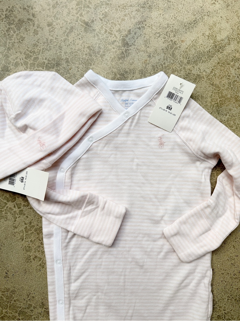 Ralph Lauren Baby Pink Striped Snap-Front Bodysuit & Hat Set 9mo